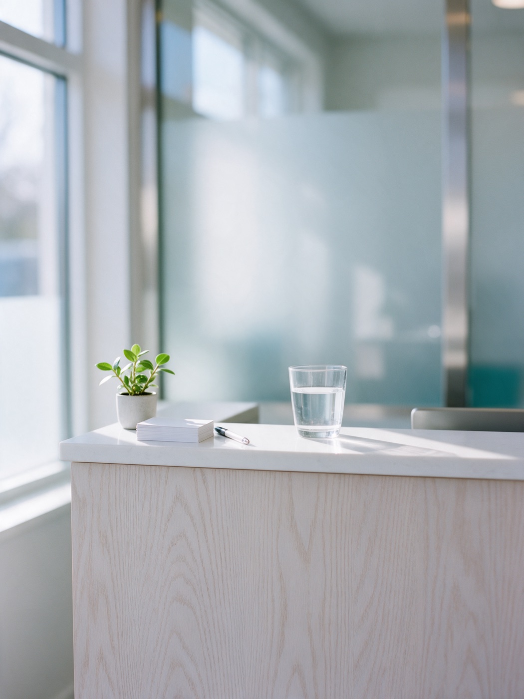 A dental practice front desk with appointment cards, a small plant and a glass of water in morning light